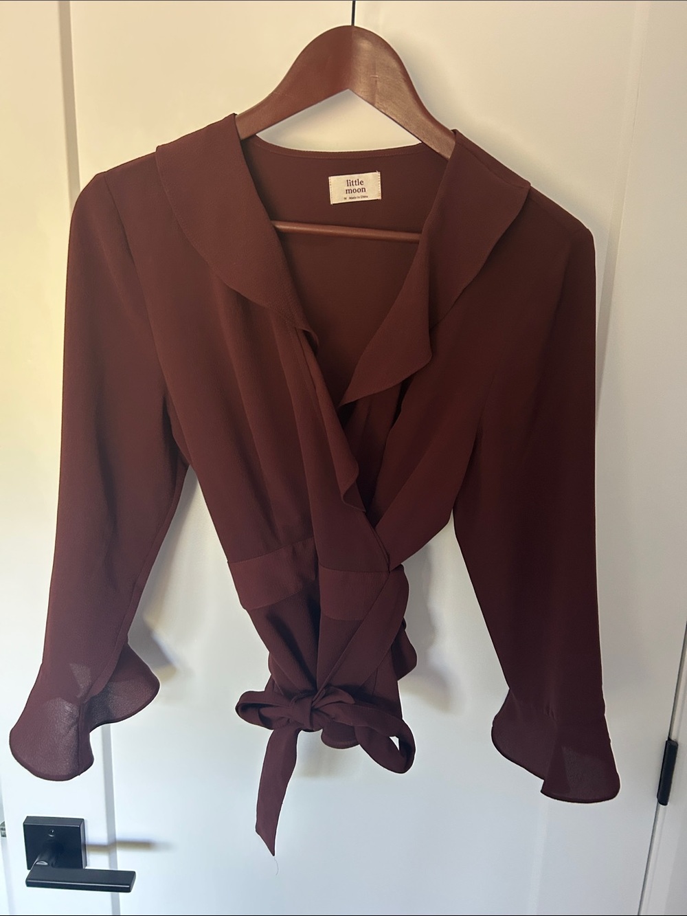 Little Moon Burgundy Tie-Front Ruffle Blouse